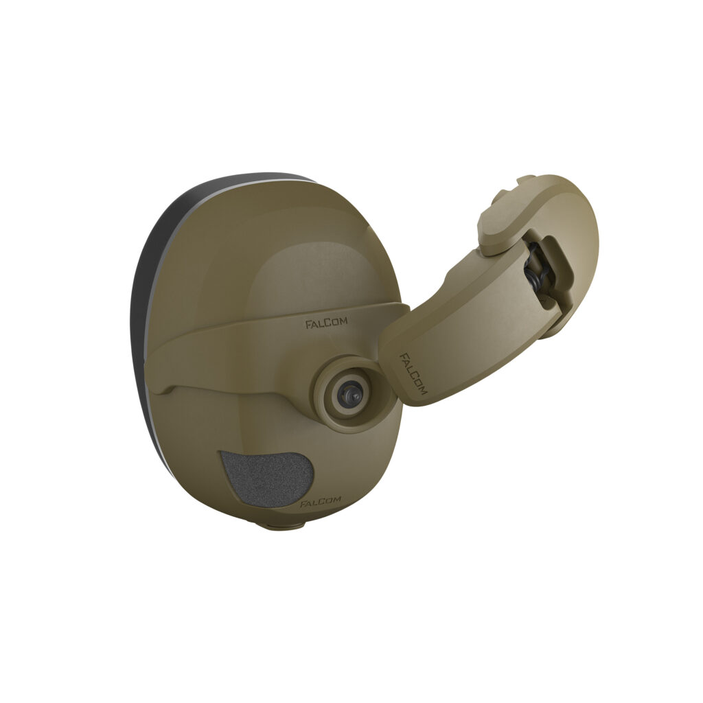 An image of FalCom Rear Helmet Mount ARC attached to FalCom Pods Pro High, in front-right angle, in colour tan. Displaying only one cup of hearing protection headset.