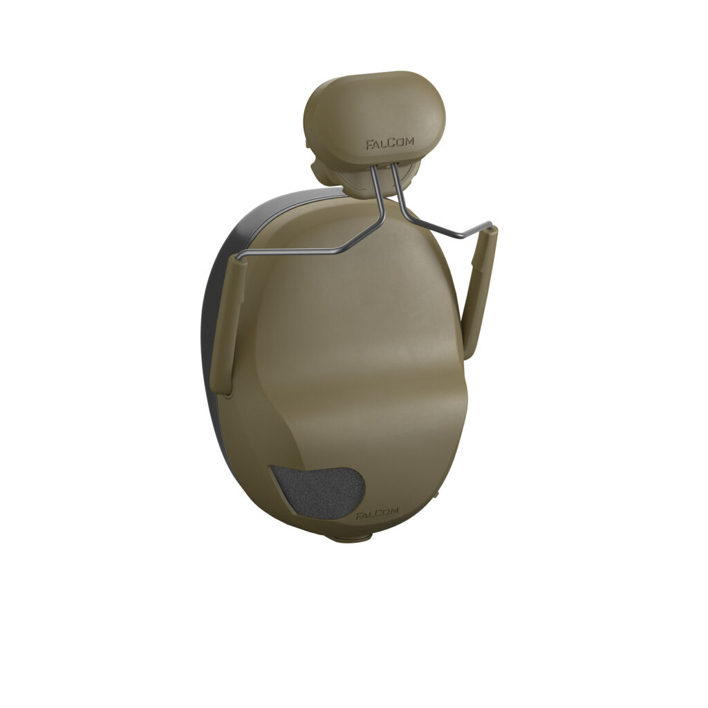 An image of FalCom Top Helmet Mount ARC attached to FalCom Pods Pro, in front-right angle, in colour tan. Displaying only one cup of hearing protection headset.