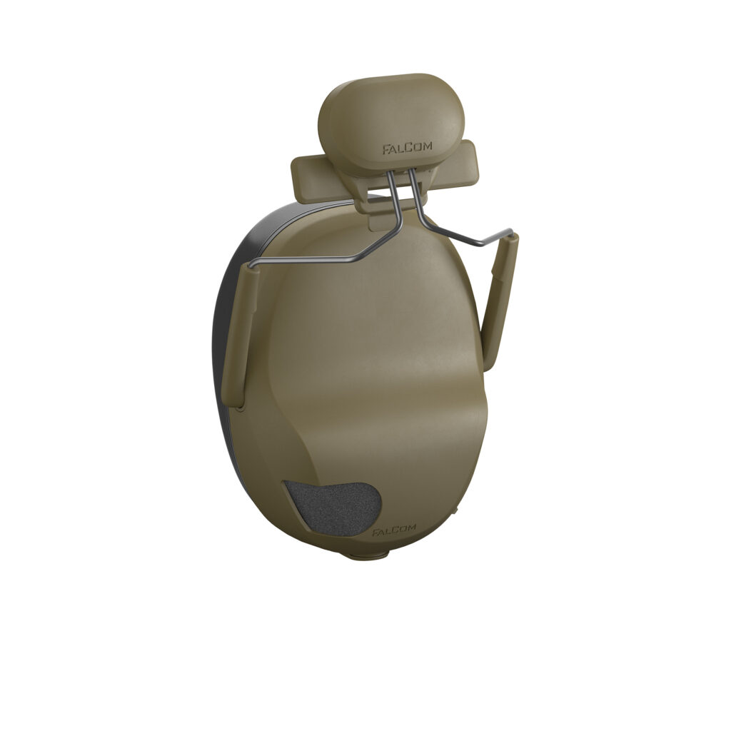 An image of FalCom Top Helmet Mount TW EXFIL attached to FalCom Pods Pro, in front-right angle, in colour tan. Displaying only one cup of hearing protection headset.