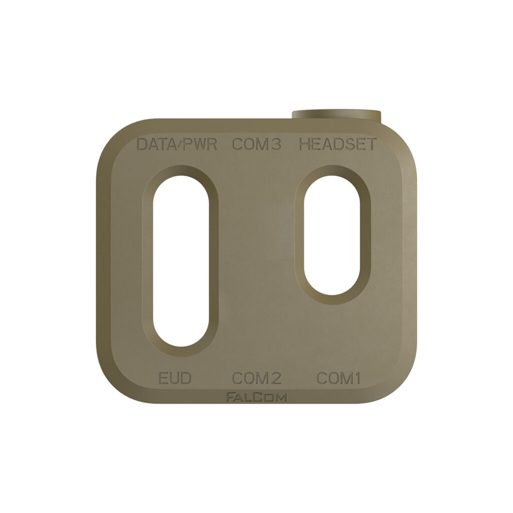 An image of FalCom Hub Max Cover, front angle, in colour tan. The background is transparent, with openings for the buttons of the control unit.