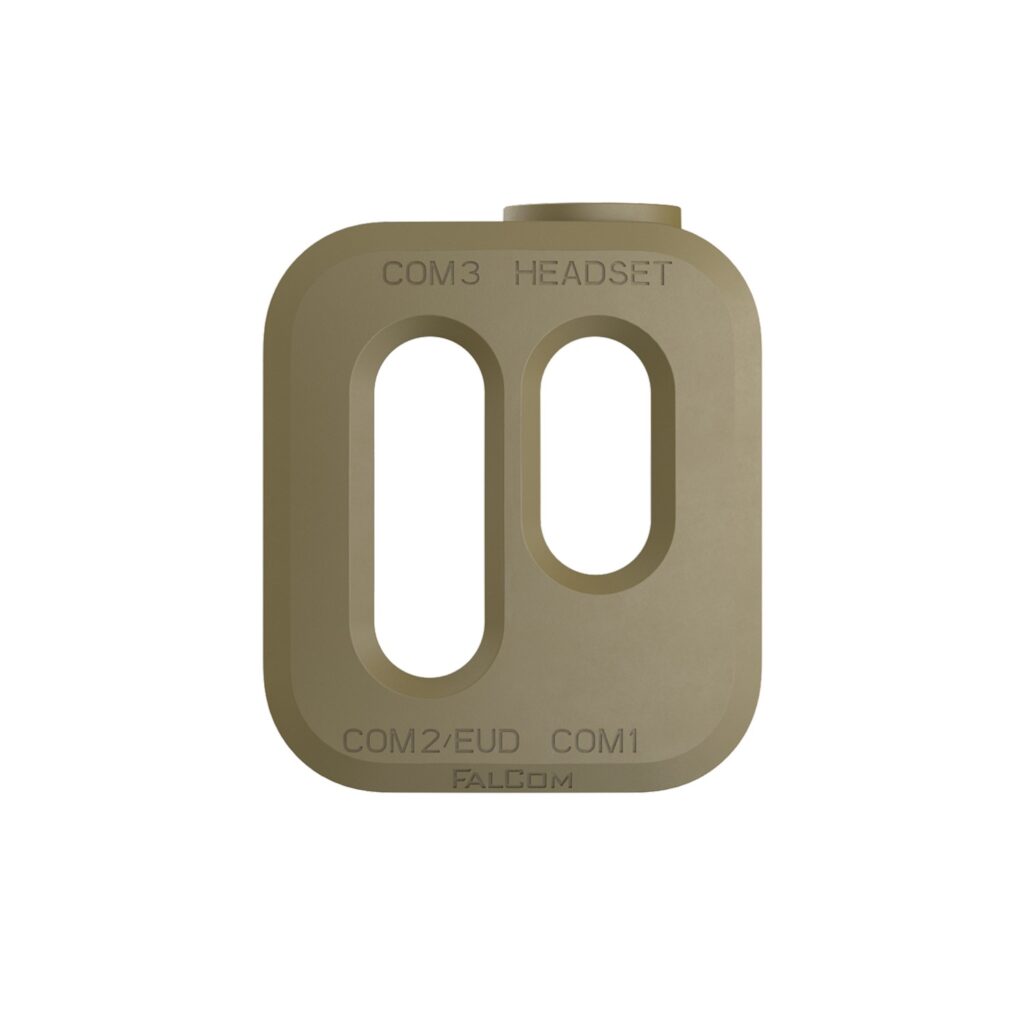 An image of FalCom Hub Cover, front angle, in colour tan. The background is transparent, with openings for the buttons of the control unit.