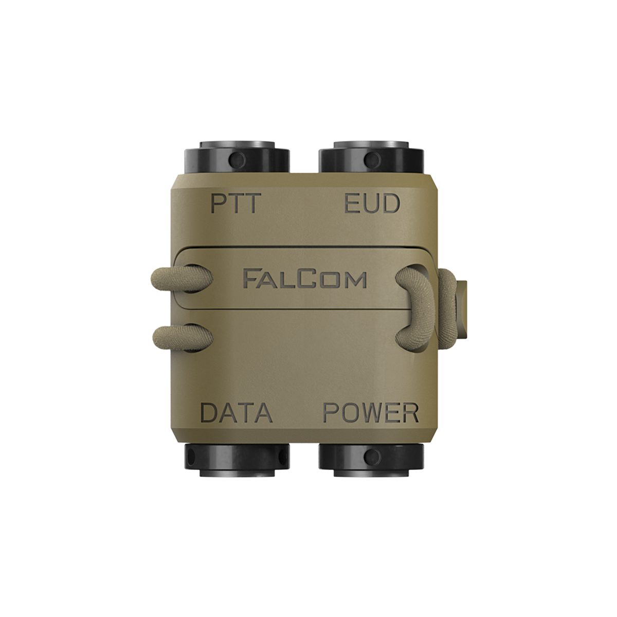 FalCom Dock in color tan from front angle, four ports with words PTT, EUD, DATA and POWER.