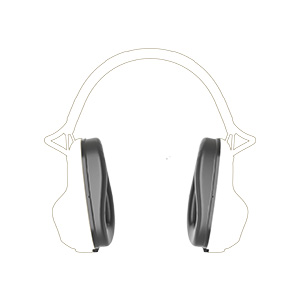 A sketched image of FalCom Pods Pro, highlighting FalCom Ear Cushion in Gel in black.