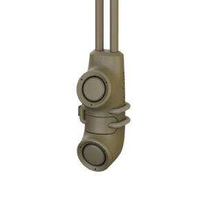 FalCom Dual Push, in front-left angle, in colour tan. PTT with two large circular buttons and two cables.
