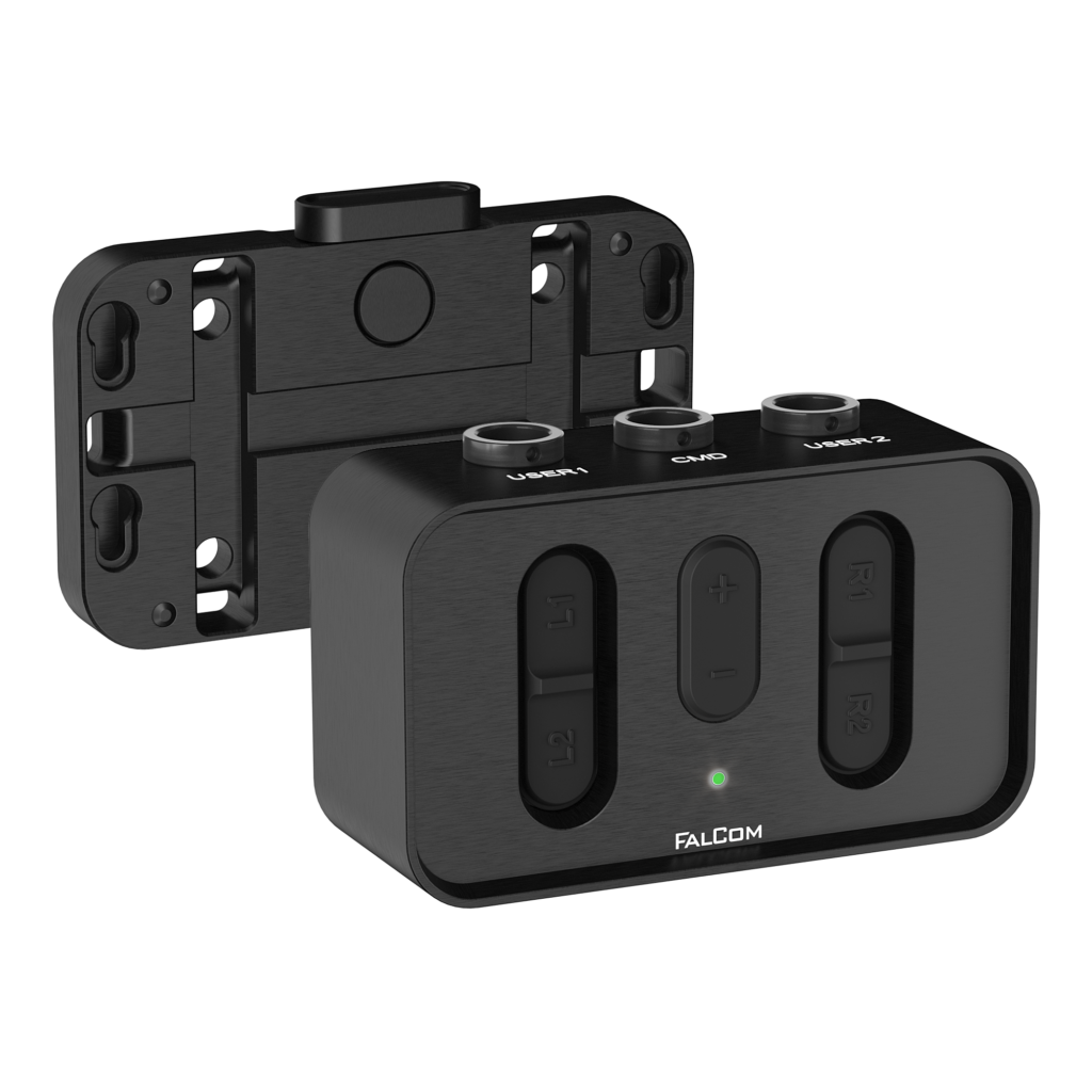 FalCom Team in colour black, from a right-front angle, with the mounting bracket with quick release removed and on display. Shown in front-right angle.