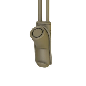 An image of FalCom Push, in front-left angle, in colour tan. PTT with one large circular button and two cables.