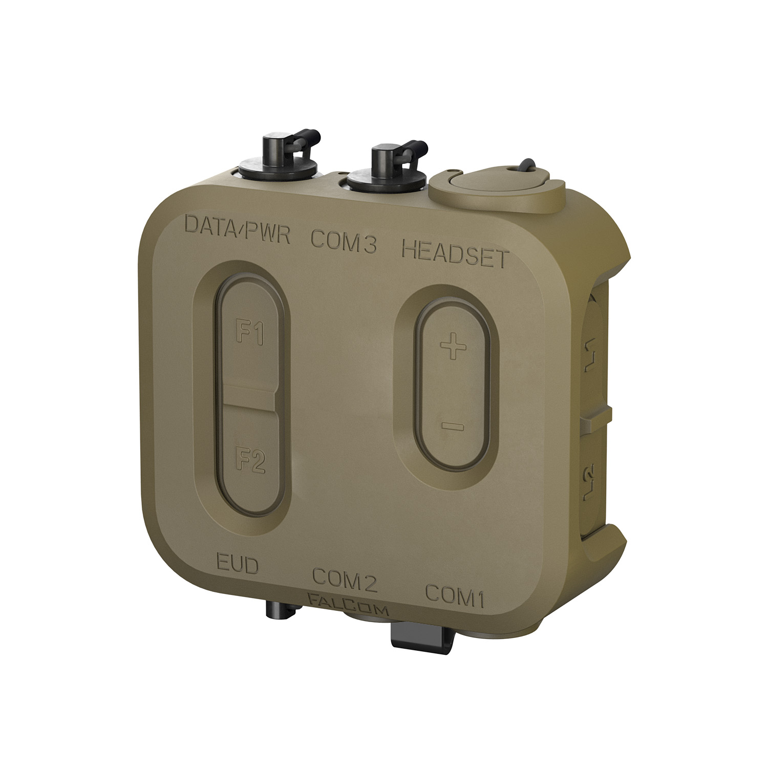 FalCom Hub Max in a front-left angle, in colour tan, with Port plugs, dust cap and a MOLLE clip.