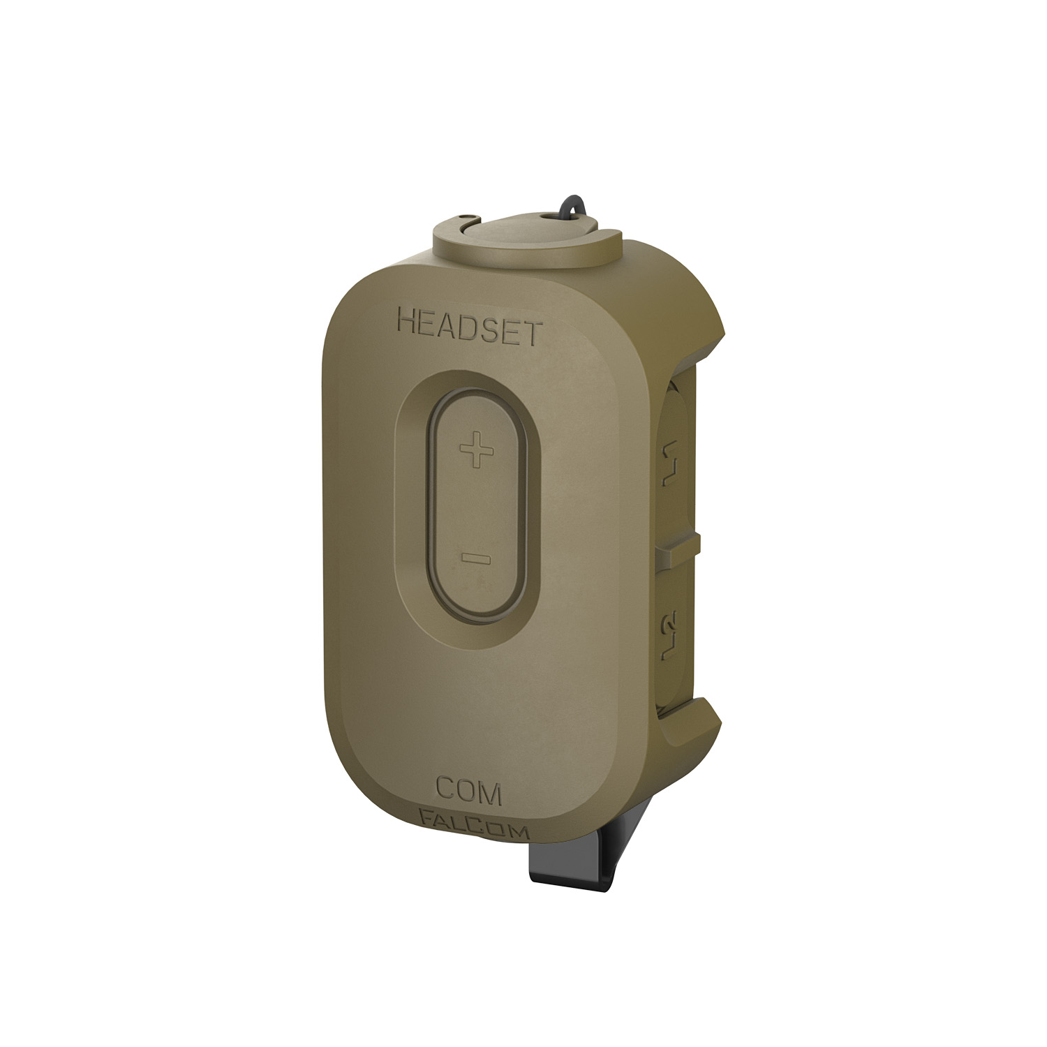 FalCom Hub Mini in a front-left angle, in colour tan, with a dust cap and a MOLLE clip.