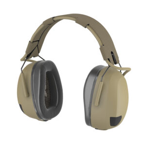 FalCom Pods Pro High, in front-left angle, in colour tan. Hearing protection headset with black ear cushions.