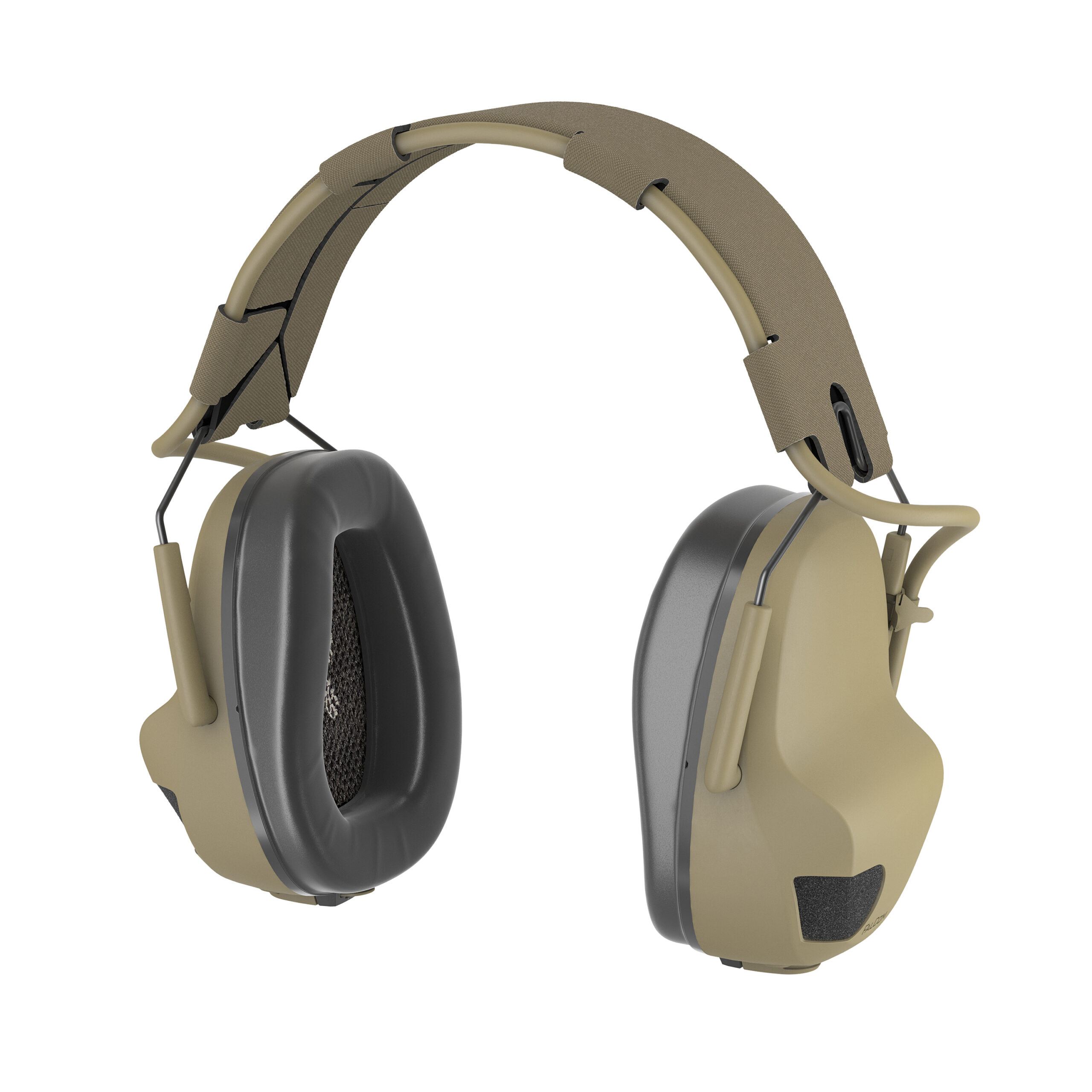 An image of FalCom Pods Pro, in front-left angle, in colour tan. Hearing protection headset with black ear cushions.