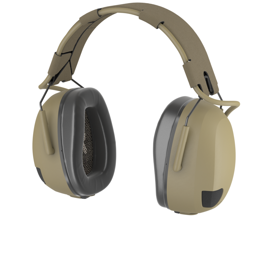FalCom Pods Pro High, in front-left angle, in colour tan. Hearing protection headset with black ear cushions.