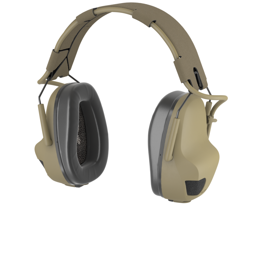 FalCom Pods Pro, in front-left angle, in colour tan. Hearing protection headset with black ear cushions.
