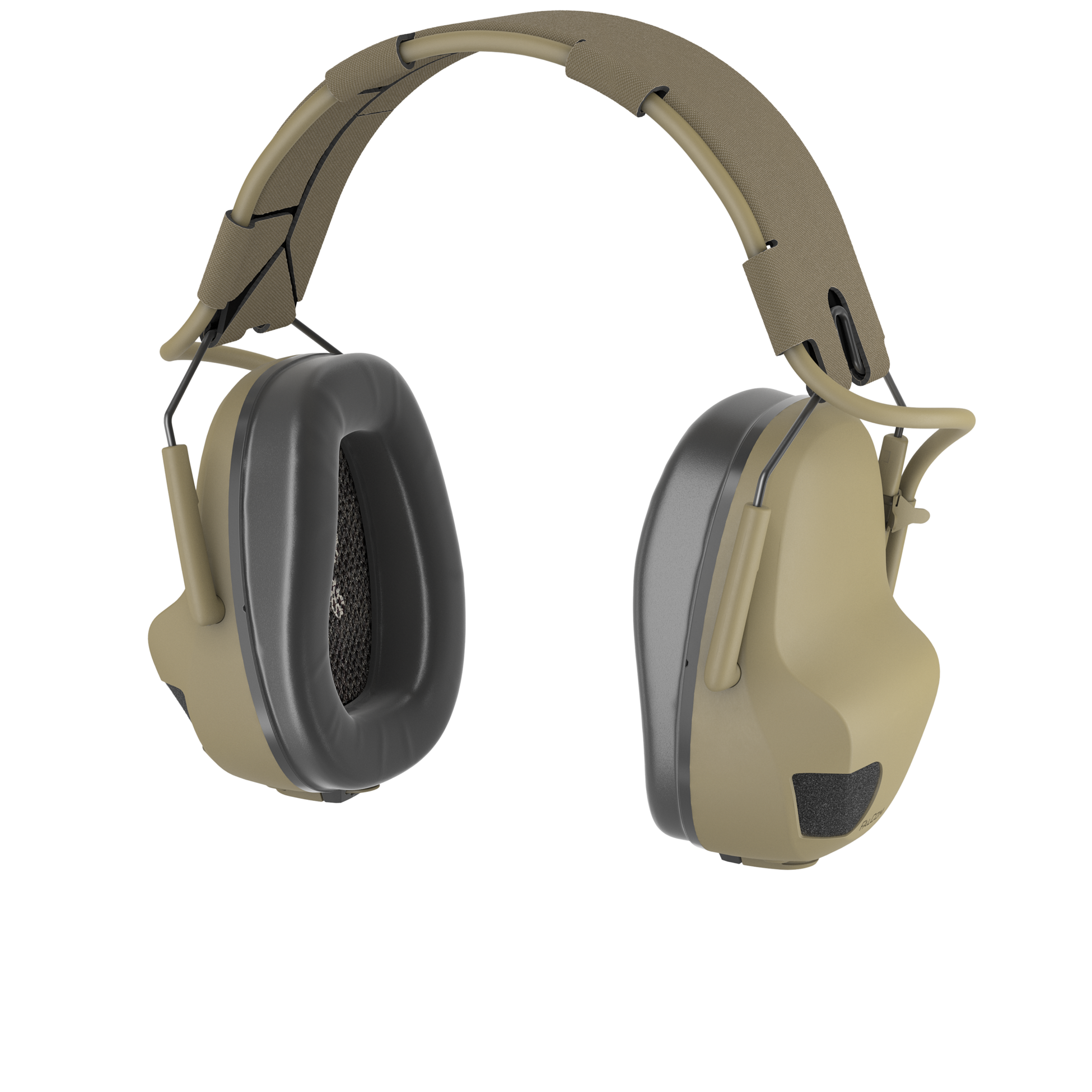 FalCom Pods Pro, in front-left angle, in colour tan. Hearing protection headset with black ear cushions.